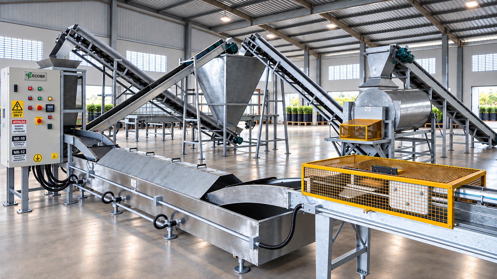 Equipamentos industriais ECOBR com esteiras transportadoras e sistemas de automação